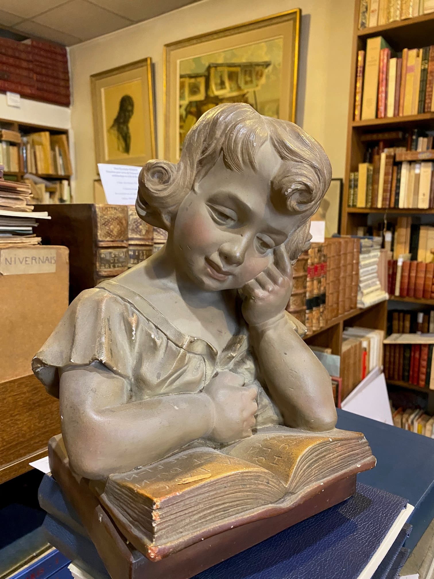 Intérieur de la Librairie Valleriaux : buste d'une liseuse posé sur un ouvrage, devant les rayonnages de livres anciens