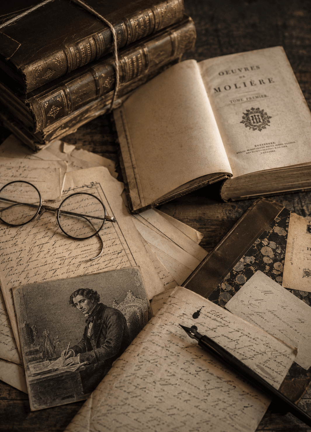 Livres anciens, manuscrits et lunettes rondes sur bois — Librairie Valleriaux
